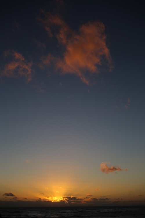 Great Ocean Road.
Superbe coucher de soleil sur une plage qui abrite, parait-il, une colonie de pingouin.
Heureusement que le coucher de soleil Ã©tait beau, car ce soir lÃ , mÃªme aprÃ¨s une heure trente d'attente, pas un pingouin !
Et il ne faisait pas chaud !