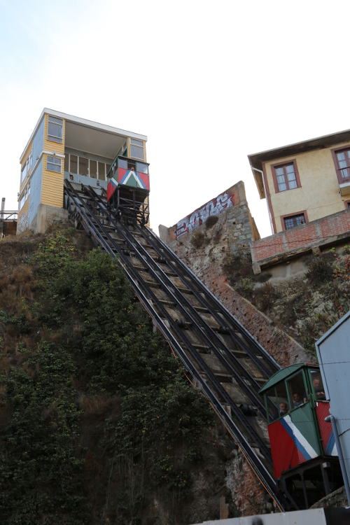 Valparaiso.
On trouve 15 ascensores (funiculaires) brinquebalants dans la ville qui nous hissent comme ils peuvent sur les collines.