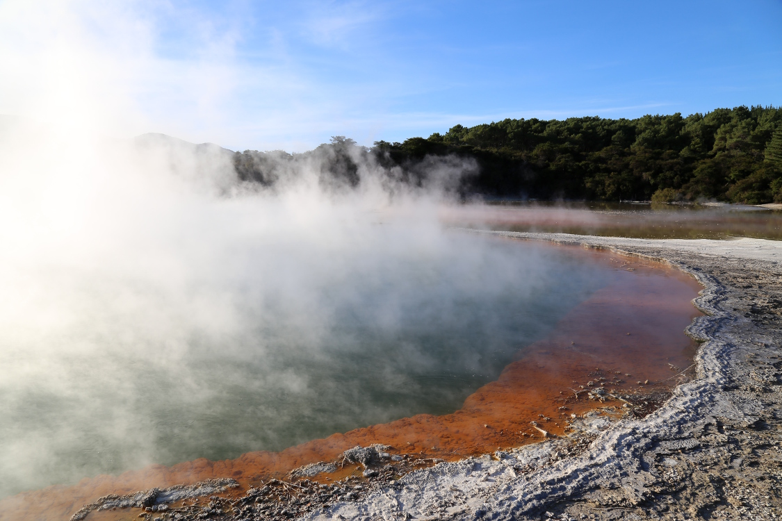Sud de Rotorua.
Parc thermal de Wai-o-Tapu.
La piscine de Champagne, le joyau du parc.
Cette source de 60m de diamÃ¨tre et 60m de profondeur (!!) a une eau Ã  74Â°C chargÃ©e de minÃ©raux divers tels que l'or, l'argent, le mercure, le soufre, l'arsenic, le thallium, l'antimoine, etc.