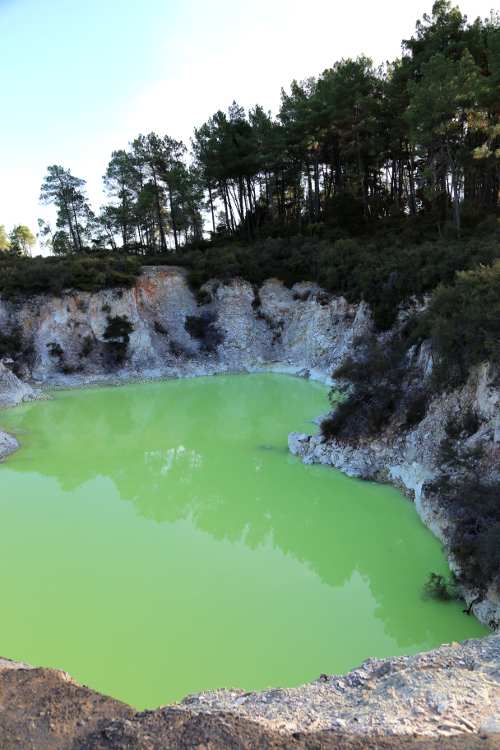 Sud de Rotorua.
Parc thermal de Wai-o-Tapu.
Le bain du diable, un cratÃ¨re rempli d'eau chargÃ©e d'arsenic, lui donnant sa couleur verte.
L'arsenic est un Ã©lÃ©ment chimique naturel.