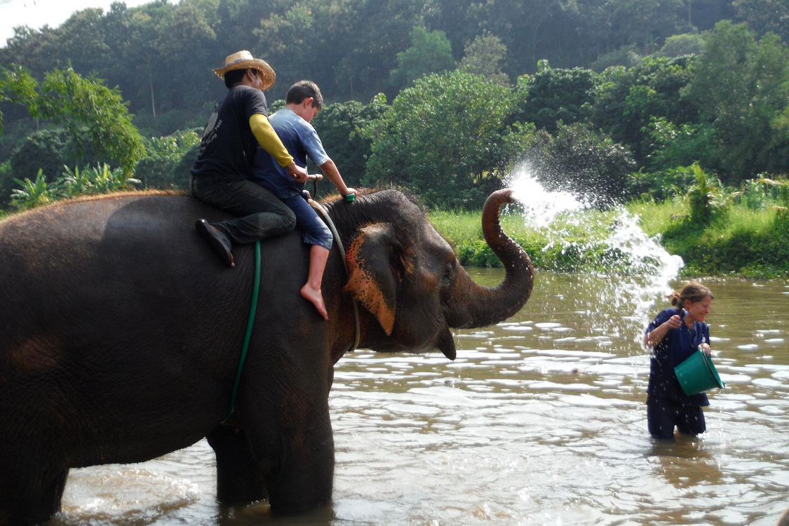 Chiang Mai. Baan Chang Elephant Park. Une bonne petite douche pour Fab !!!